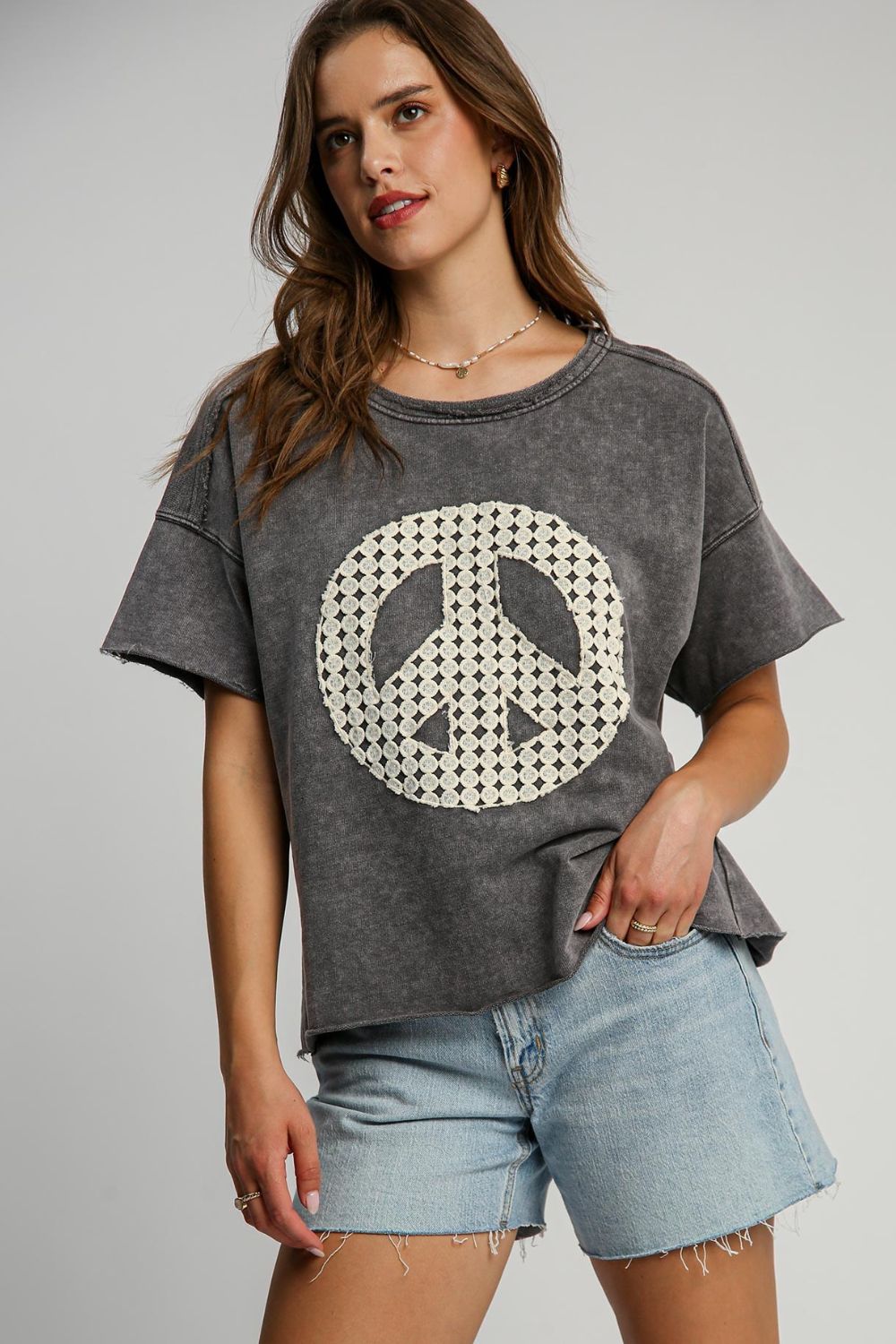 Umgee Full Size Mineral Wash T-Shirt with Lace Applique Plus Sizeax