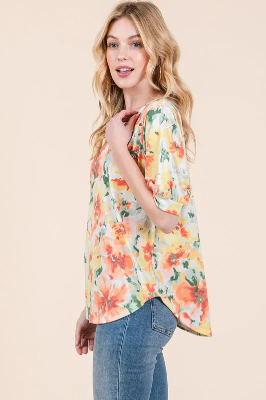 BOMBOM Floral Round Neck Puff Sleeve Top