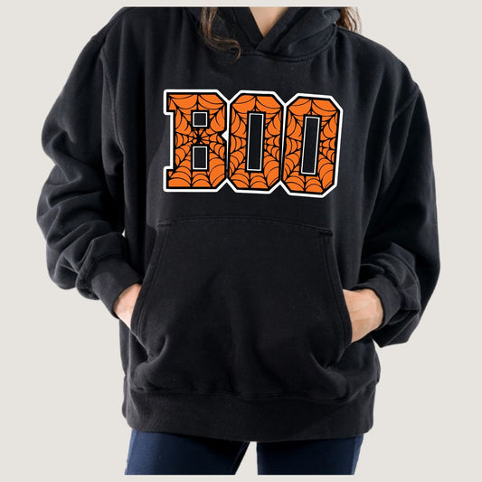 Black hoodie with 'BOO' text in orange and black spider web design on a plain background