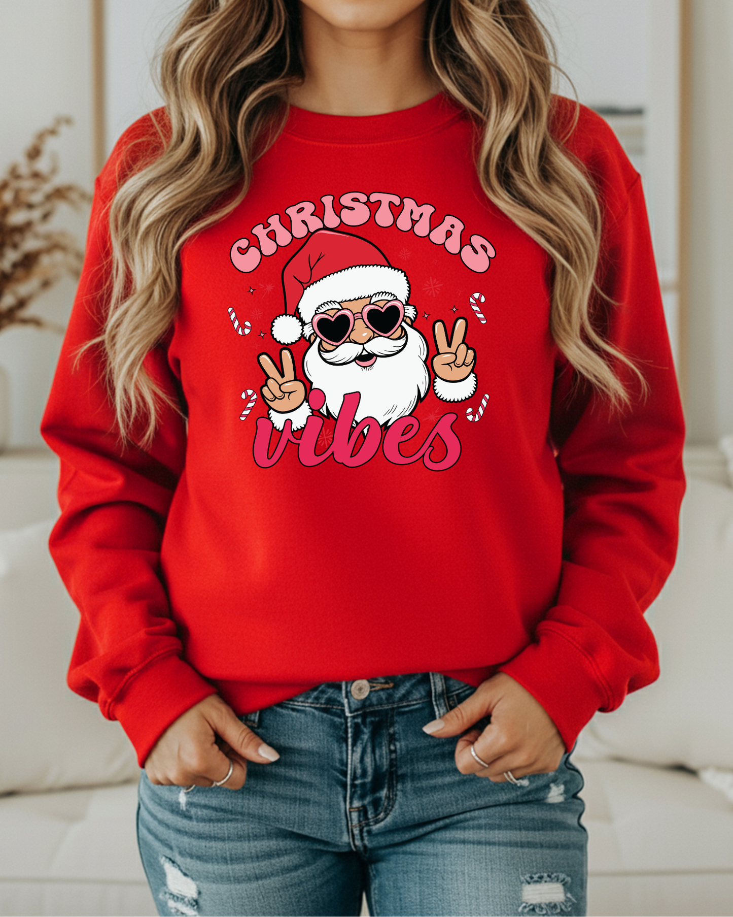 Christmas Vibes Sweatshirt – Retro Santa in Heart Glasses | Cute Holiday Crewneck for Women | Cozy Christmas Pullover