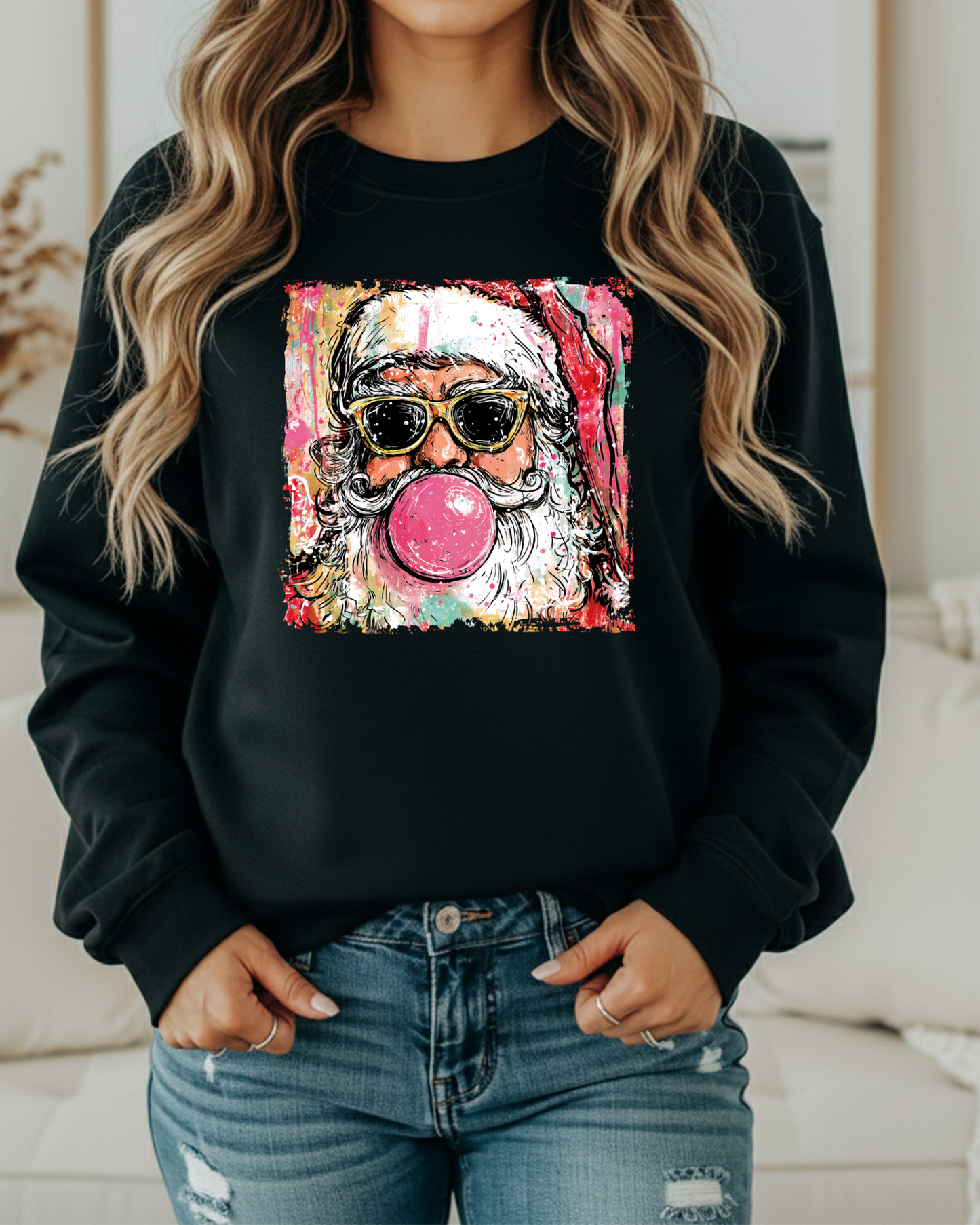 Preppy Santa Bubblegum Sweatshirt – Trendy Christmas Crewneck | Retro Holiday Pullover for Women | Cozy Santa Graphic in 6 Colors