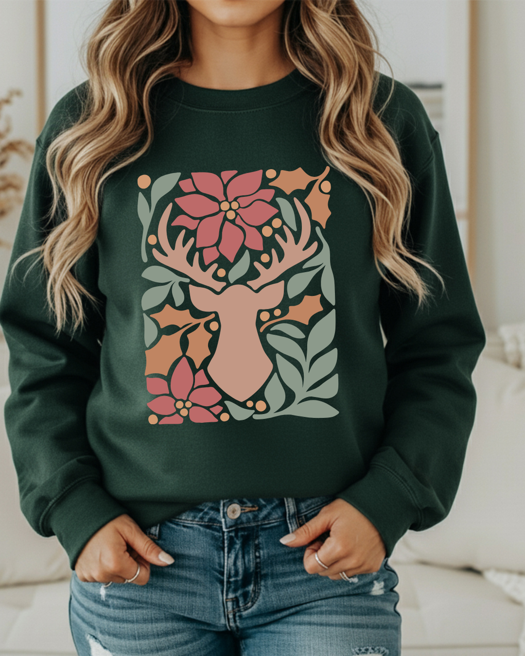 Rustic Reindeer Floral Christmas Sweatshirt – Cozy Holiday Crewneck