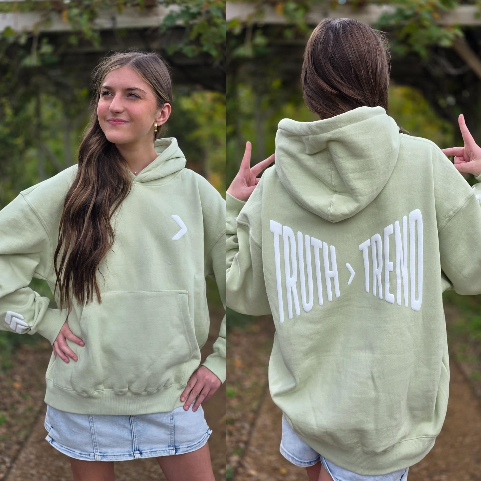 Person wearing a light green hoodie with 'TRUTH > TREND' text, outdoors.