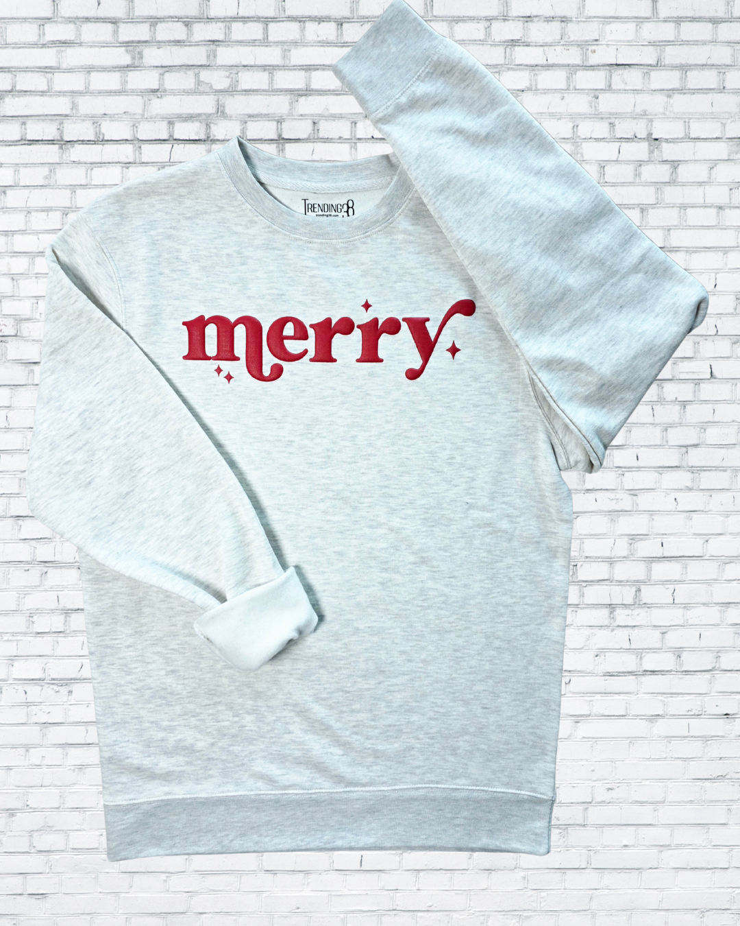 Merry Puff Print Christmas Sweatshirt – Oatmeal Heather, Red & Forest Green | Holiday Cozy Crewneck by Trending38