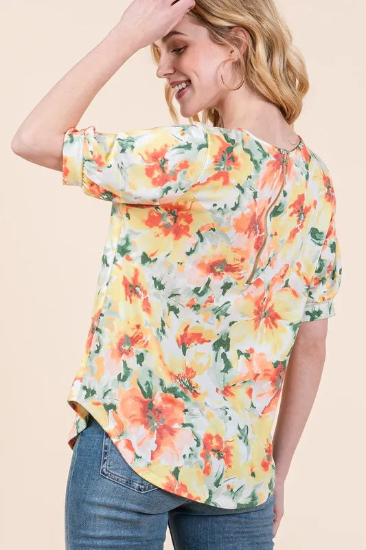 BOMBOM Floral Round Neck Puff Sleeve Top