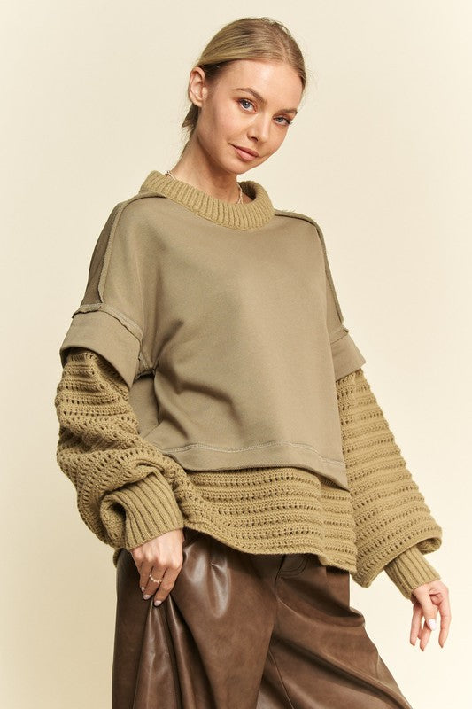 Davi & Dani Faux Layered Round Neck Sweater in Olive