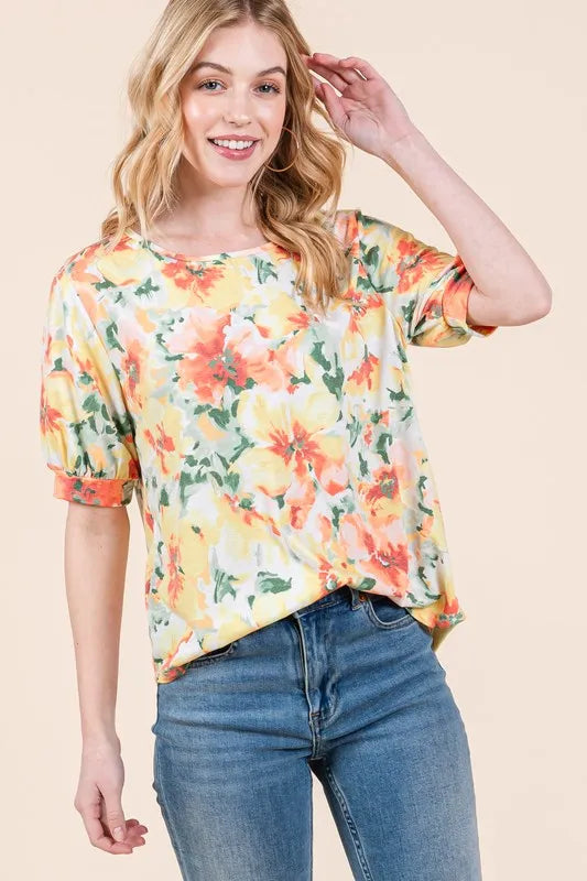 BOMBOM Floral Round Neck Puff Sleeve Top