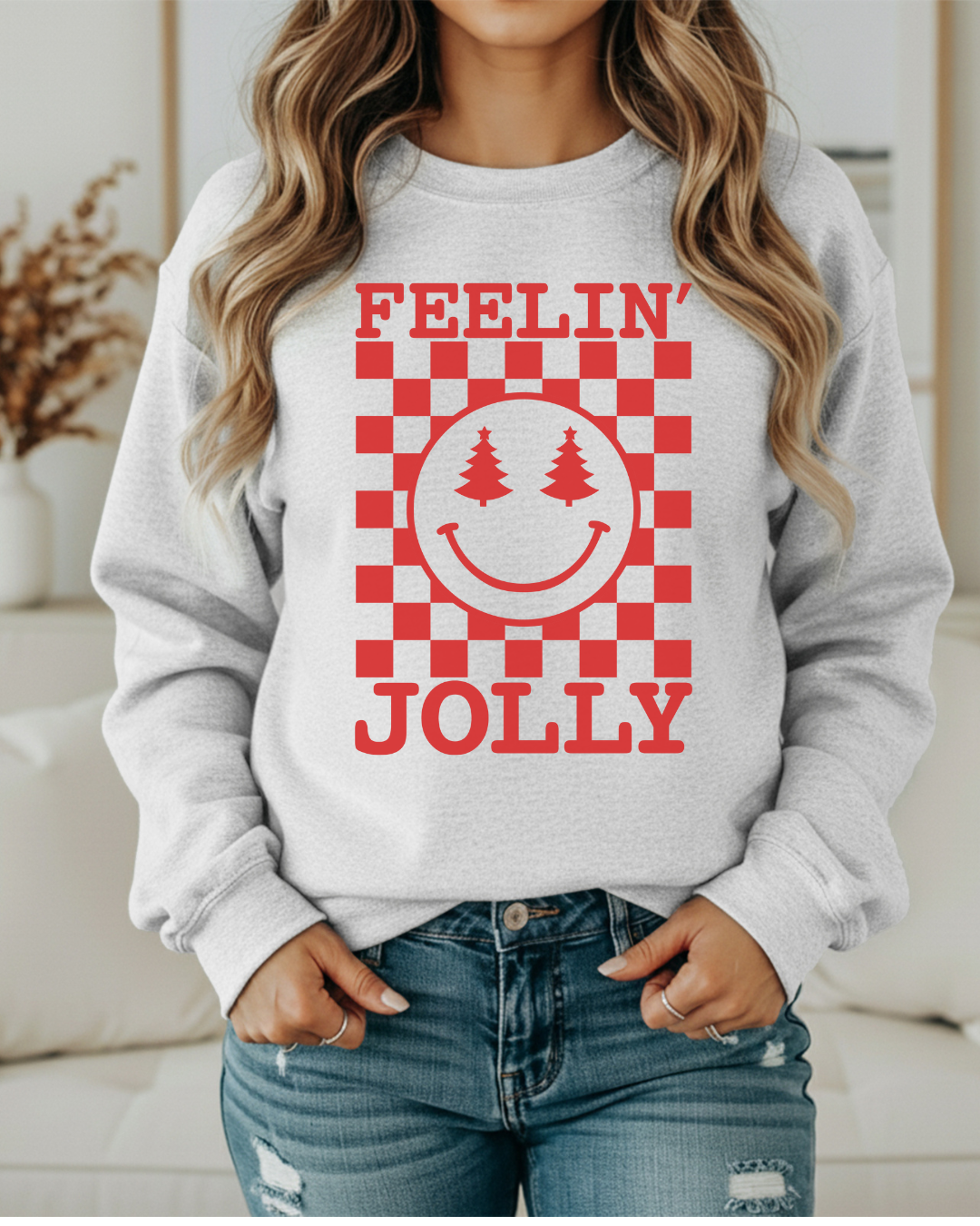 Feelin’ Jolly Checkered Smiley Christmas Sweatshirt | Holiday Crewneck with Tree Eyes | Pink, White, Ash & Sand