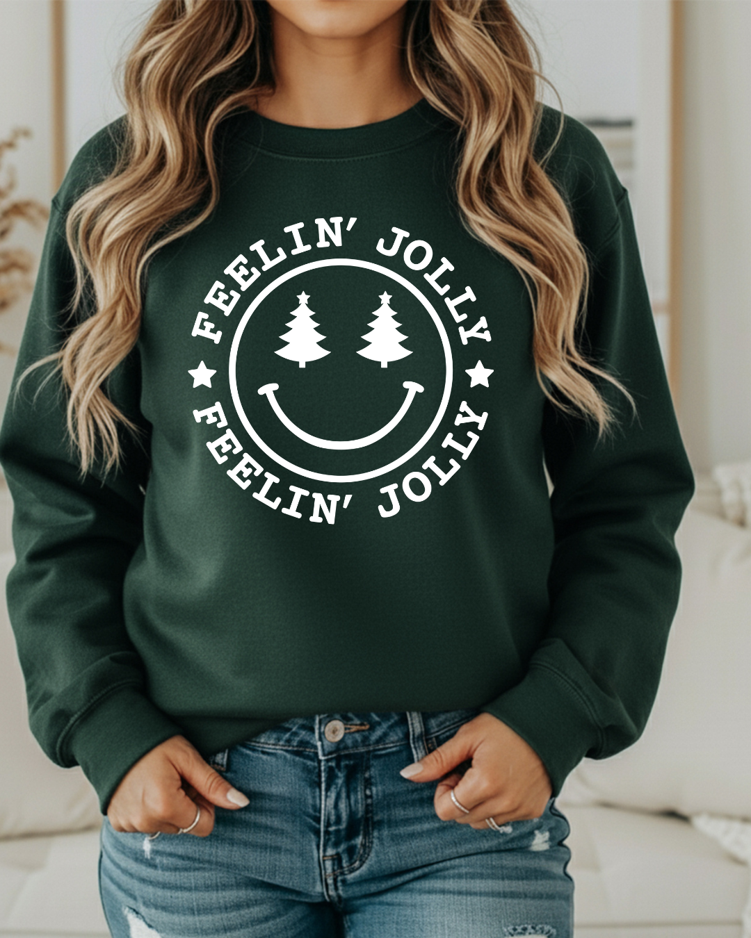 Feelin’ Jolly Christmas Sweatshirt | Smiley Face with Christmas Trees | Festive Holiday Crewneck in Red, Forest Green and Black