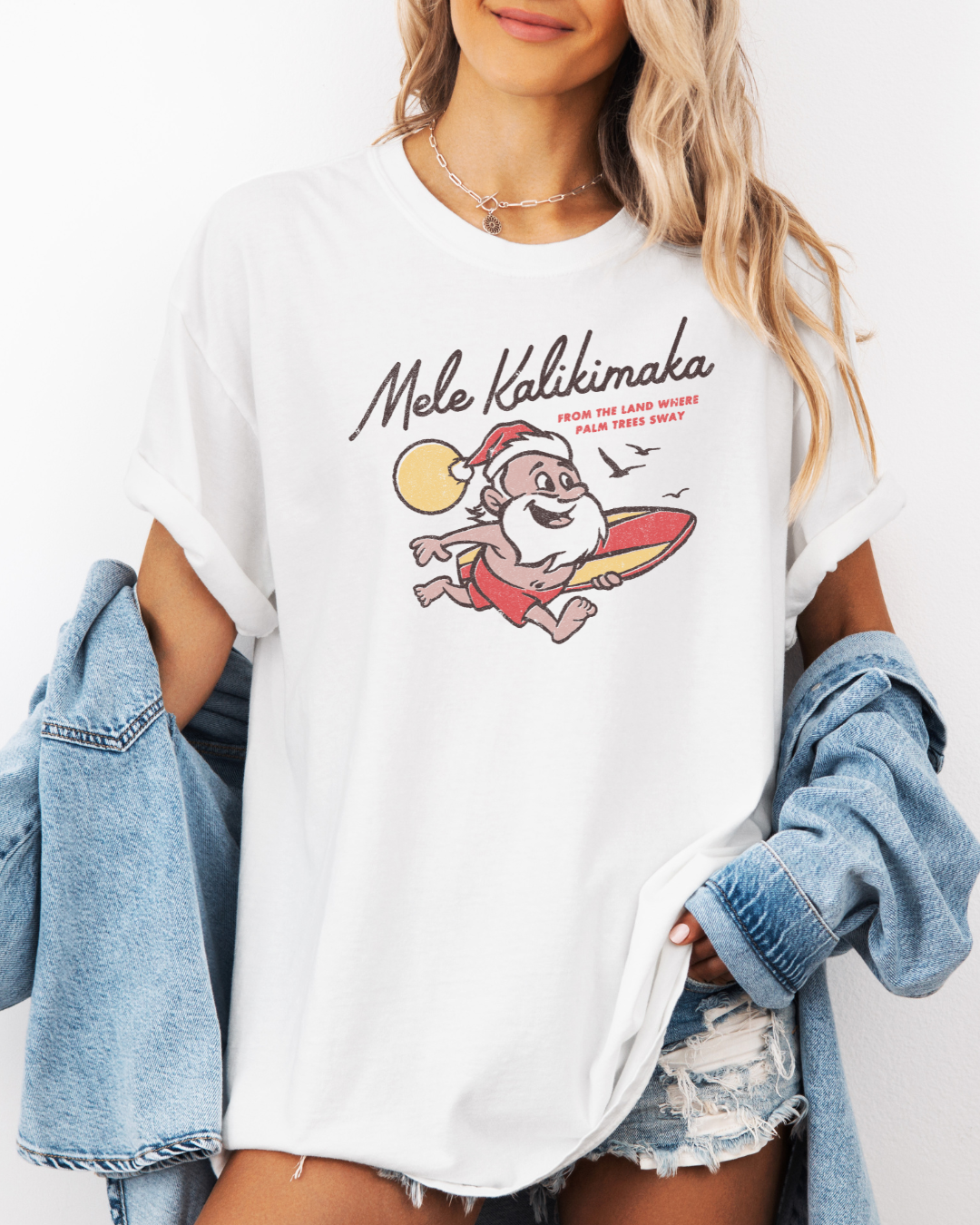 Mele Kalikimaka Santa Surfboard Tee – Tropical Christmas Shirt | Comfort Colors