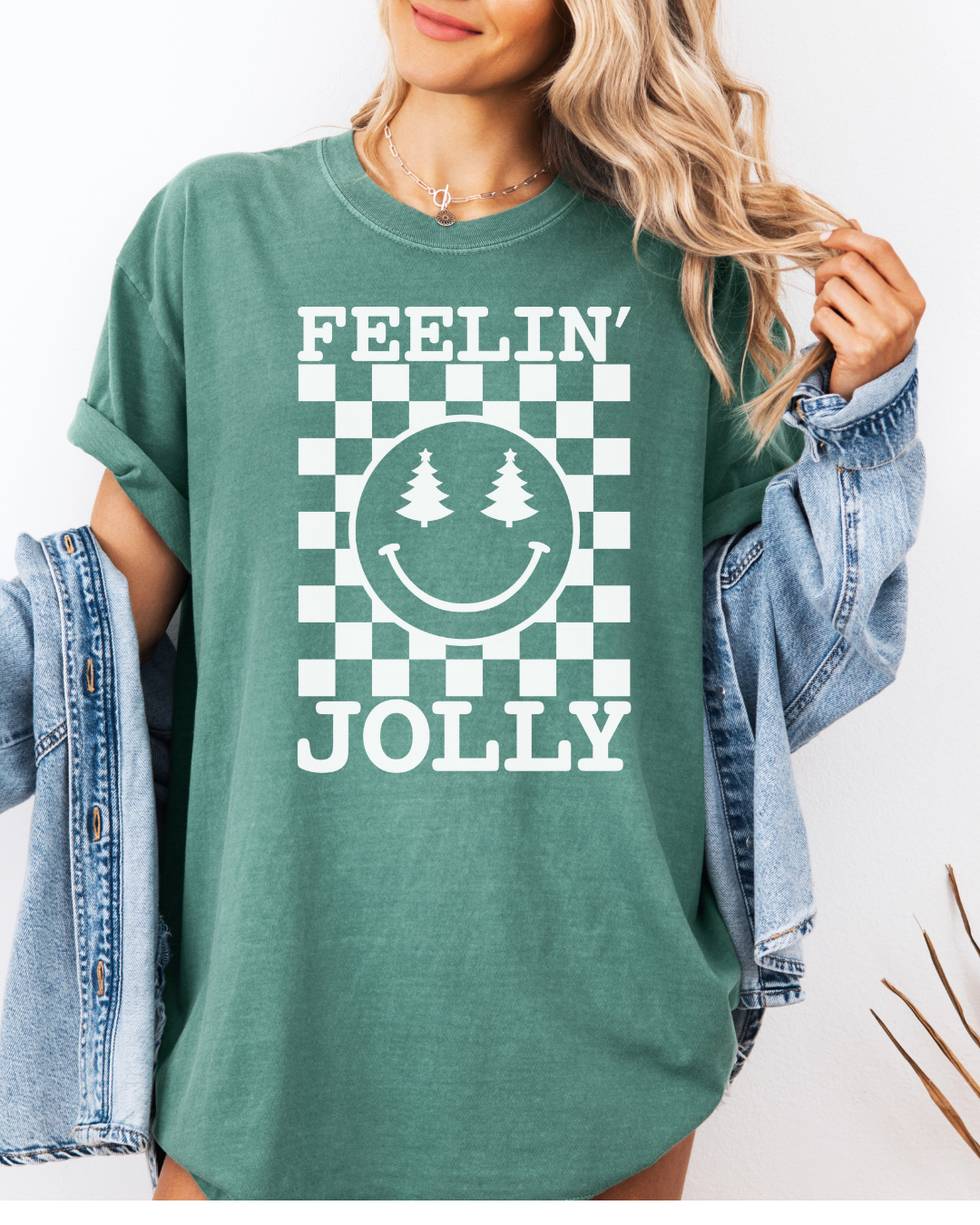 Feelin' Jolly Christmas Graphic Tee | Holiday Smiley Face with Christmas Tree Eyes | Comfort Colors Shirt