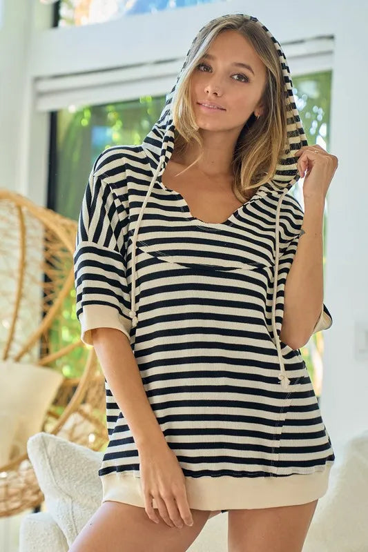 BiBi Stripe Fleece Notch Neck Short Sleeve Hoodie with drawstring, black and white striped pattern.