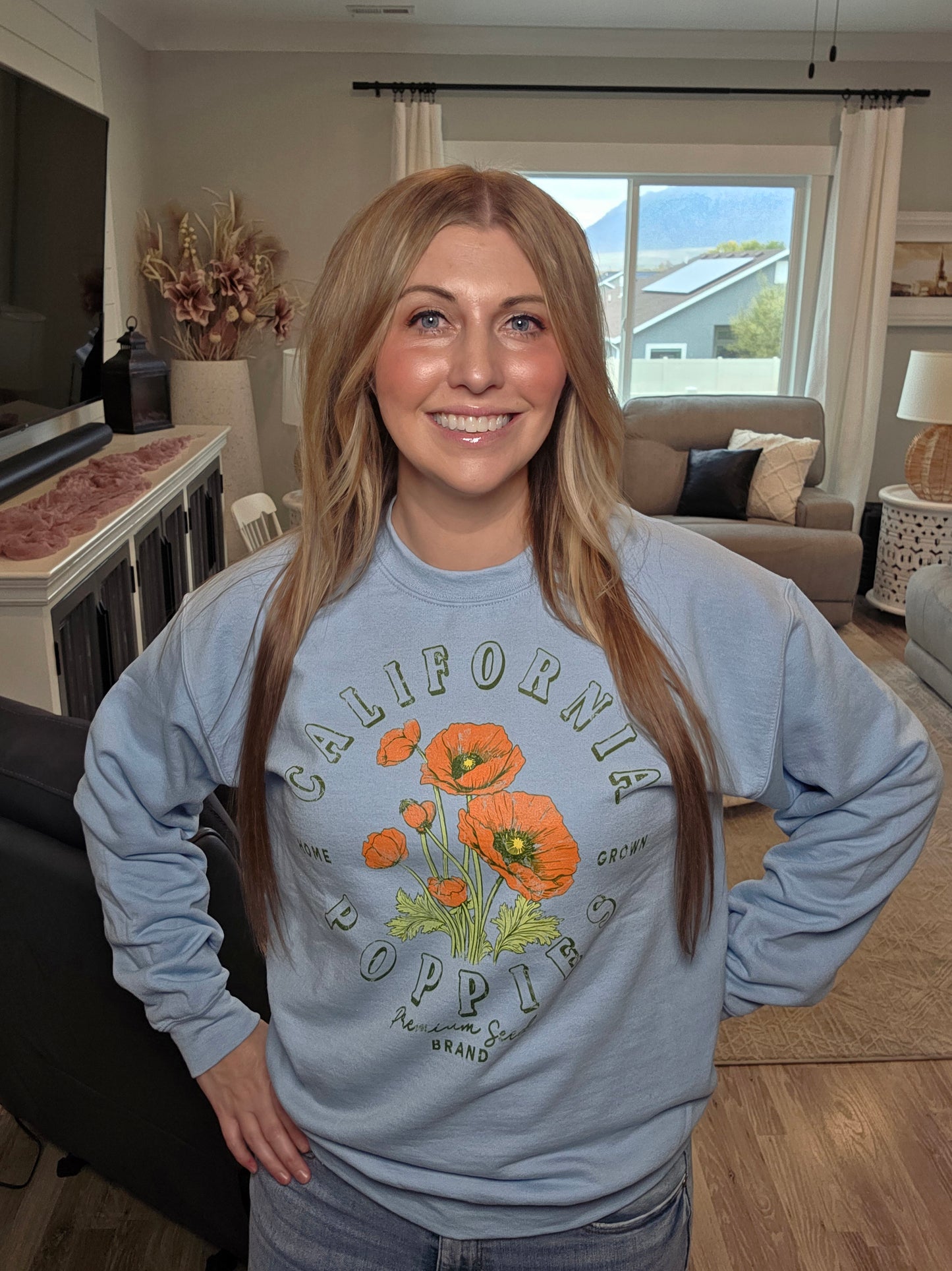 California Home Grown Poppies Sweatshirt | Cozy Crewneck with Floral Graphic | California Flower Sweatshirt