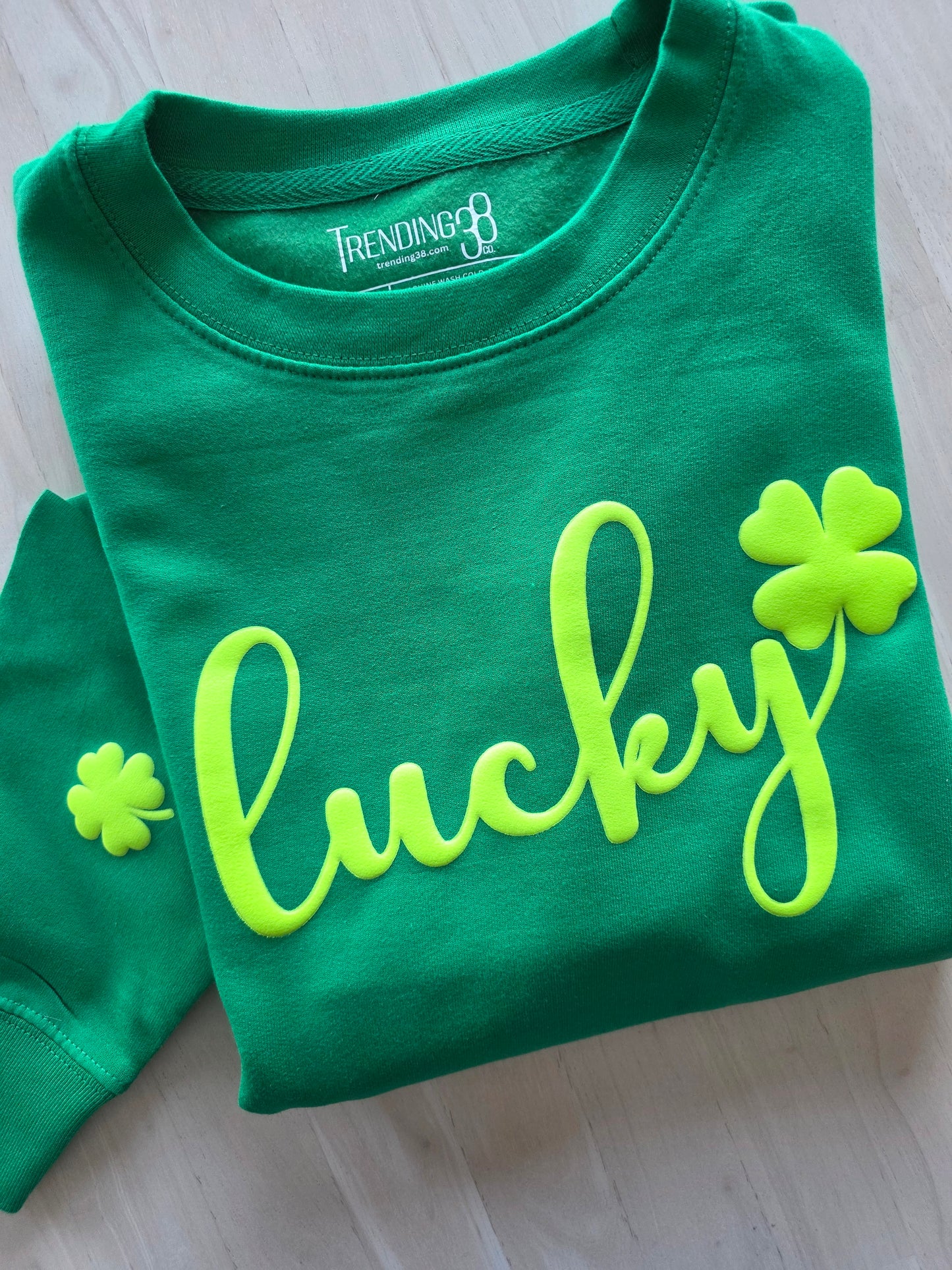 Lucky 3D Puff Sweatshirt for Women | Shamrock Sweatshirt | Kelly Green or Black | St Patrick's Day Crewneck | Trendy Graphic Sweatshirt Gift