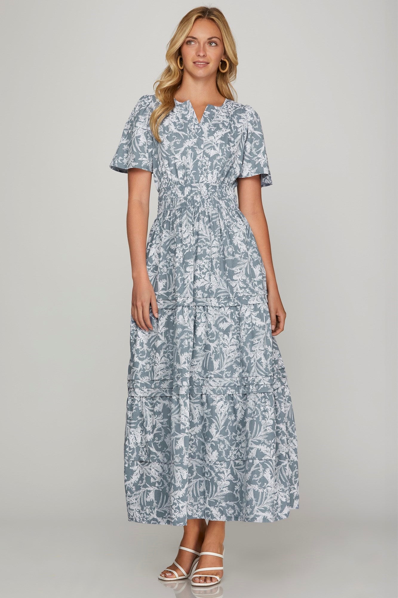 She + Sky Printed Notched Woven Tiered Pintuck Maxi Dress with Side Pockets