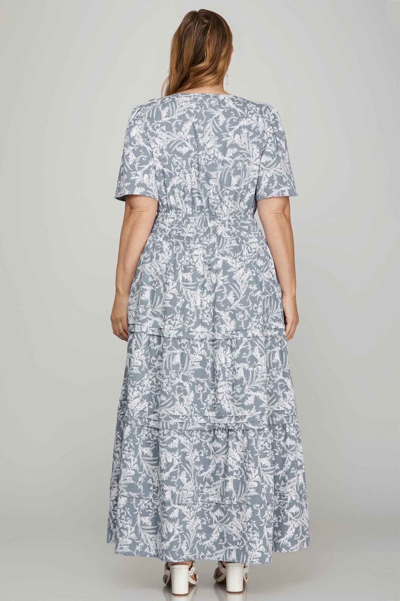 She + Sky Printed Notched Woven Tiered Pintuck Maxi Dress with Side Pockets