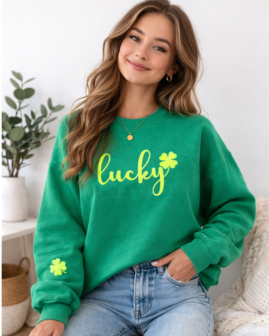 Lucky 3D Puff Sweatshirt for Women | Shamrock Sweatshirt | Kelly Green or Black | St Patrick's Day Crewneck | Trendy Graphic Sweatshirt Gift
