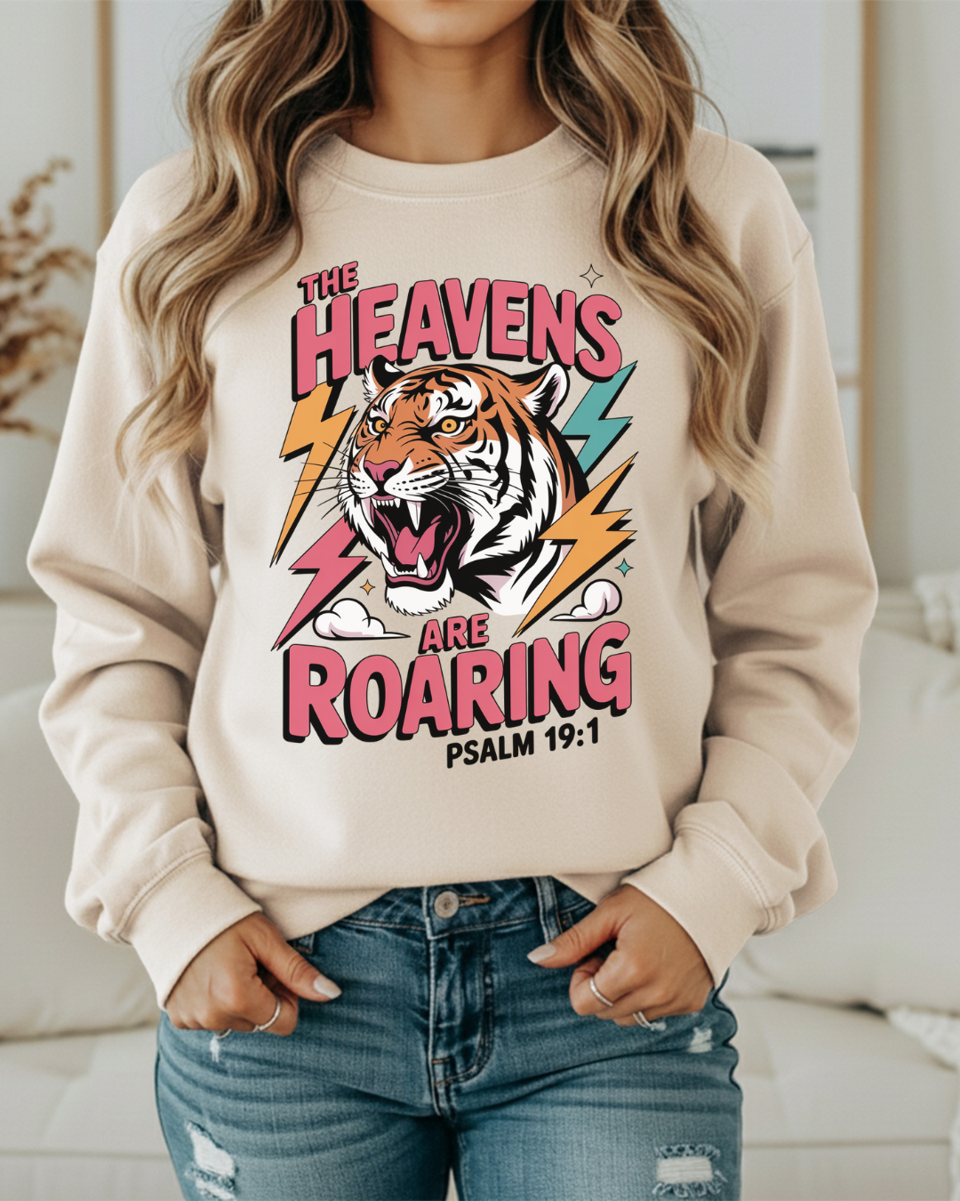 The Heavens Are Roaring Sweatshirt | Tiger Head Graphic | Psalm 19:1 Faith Crewneck