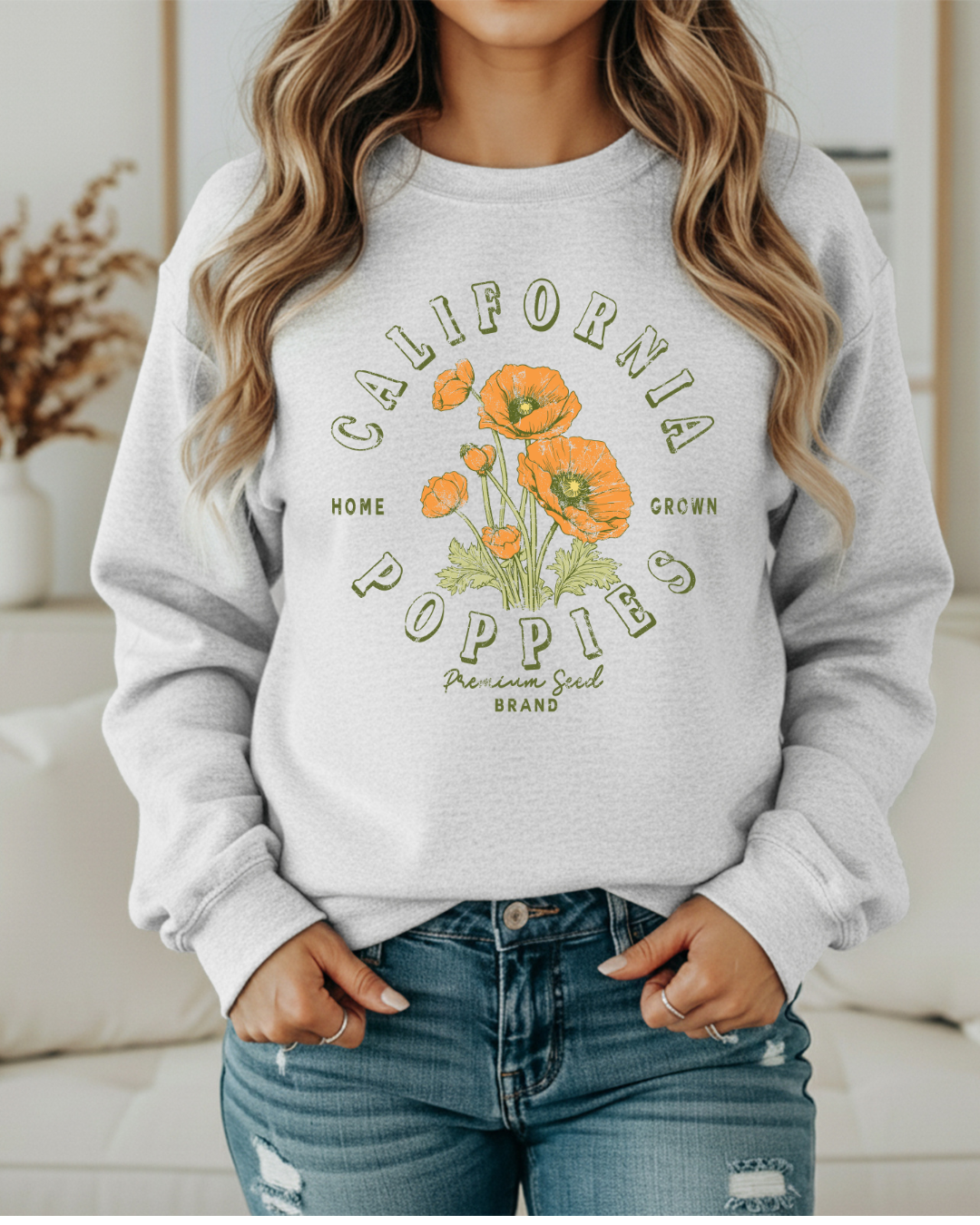 California Home Grown Poppies Sweatshirt | Cozy Crewneck with Floral Graphic | California Flower Sweatshirt