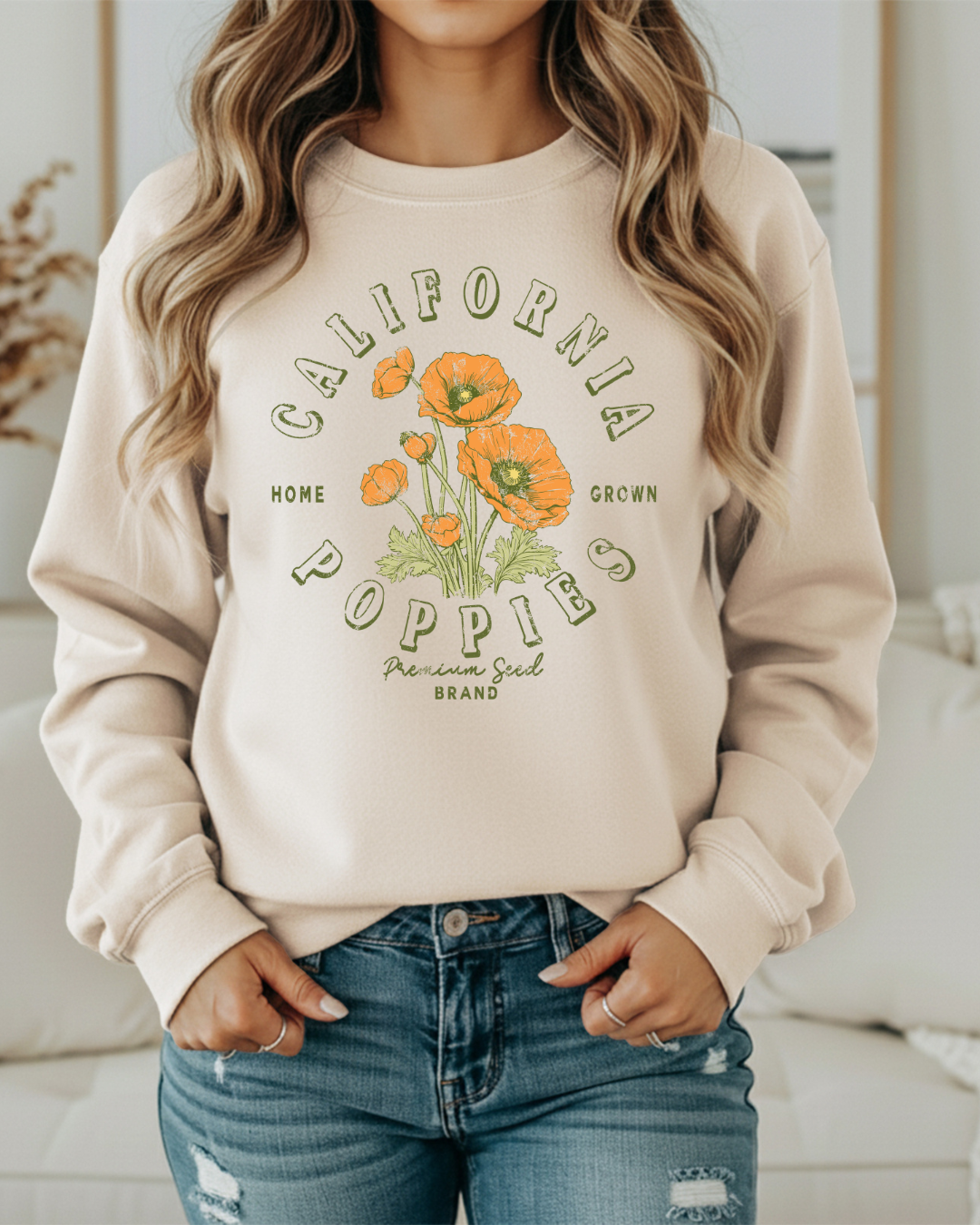 California Home Grown Poppies Sweatshirt | Cozy Crewneck with Floral Graphic | California Flower Sweatshirt
