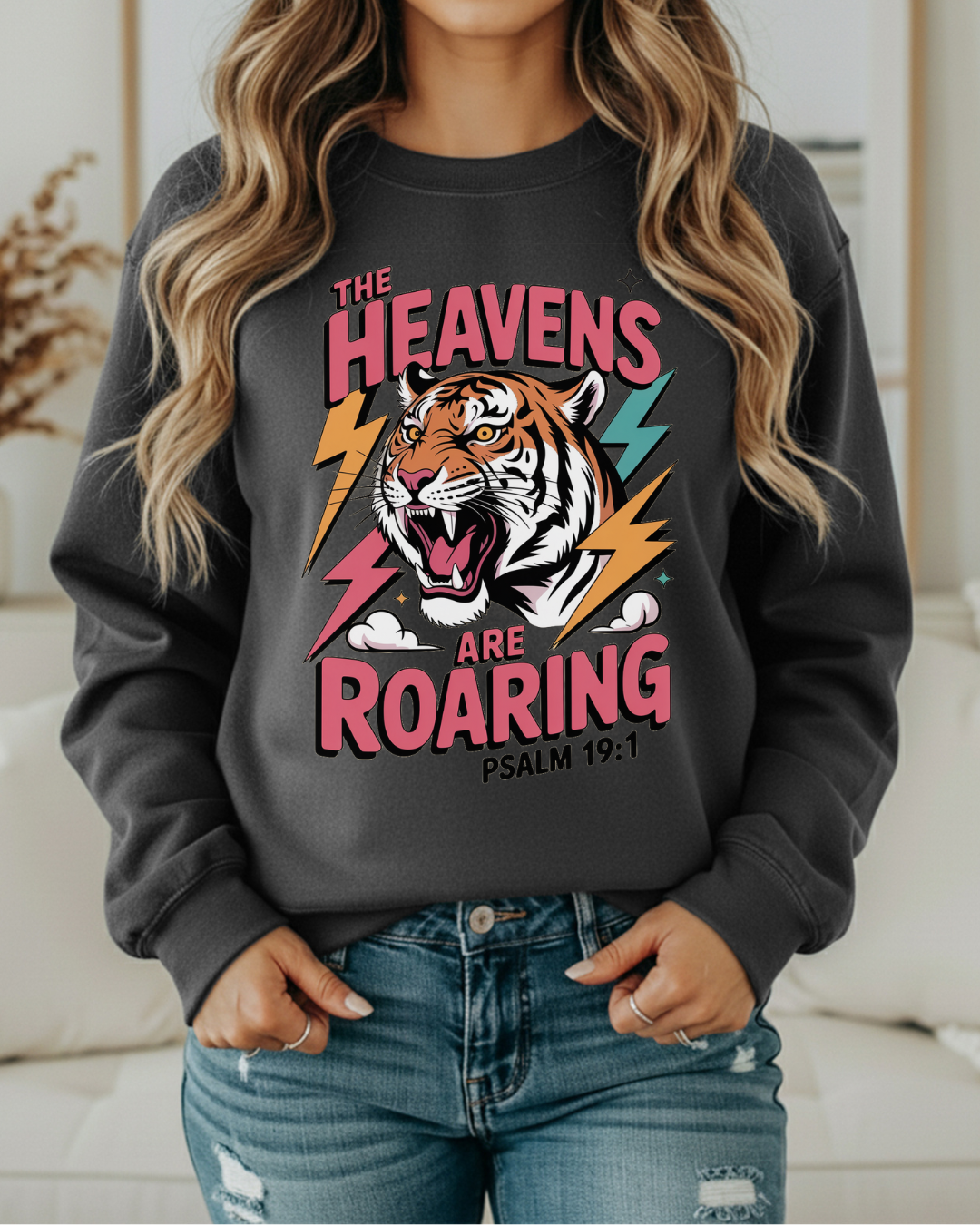 The Heavens Are Roaring Sweatshirt | Tiger Head Graphic | Psalm 19:1 Faith Crewneck