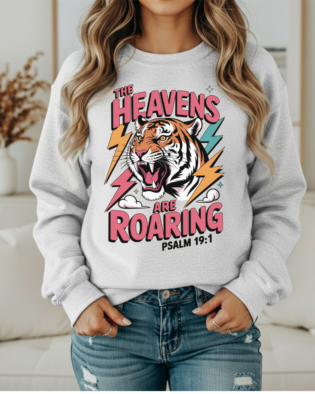 The Heavens Are Roaring Sweatshirt | Tiger Head Graphic | Psalm 19:1 Faith Crewneck