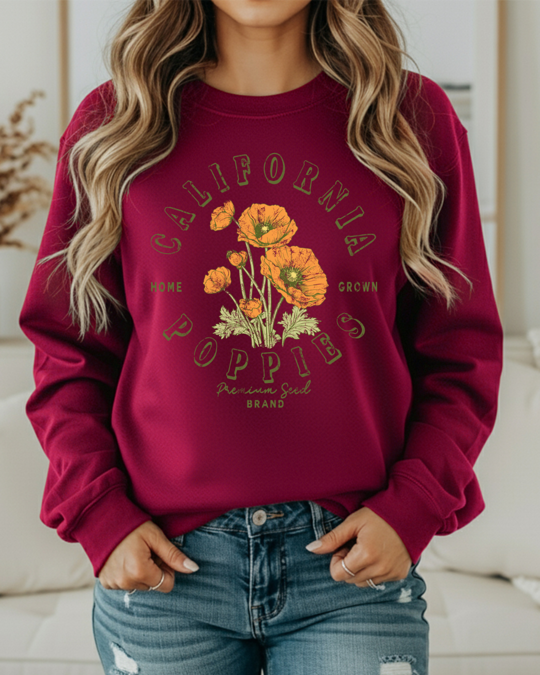 California Home Grown Poppies Sweatshirt | Cozy Crewneck with Floral Graphic | California Flower Sweatshirt