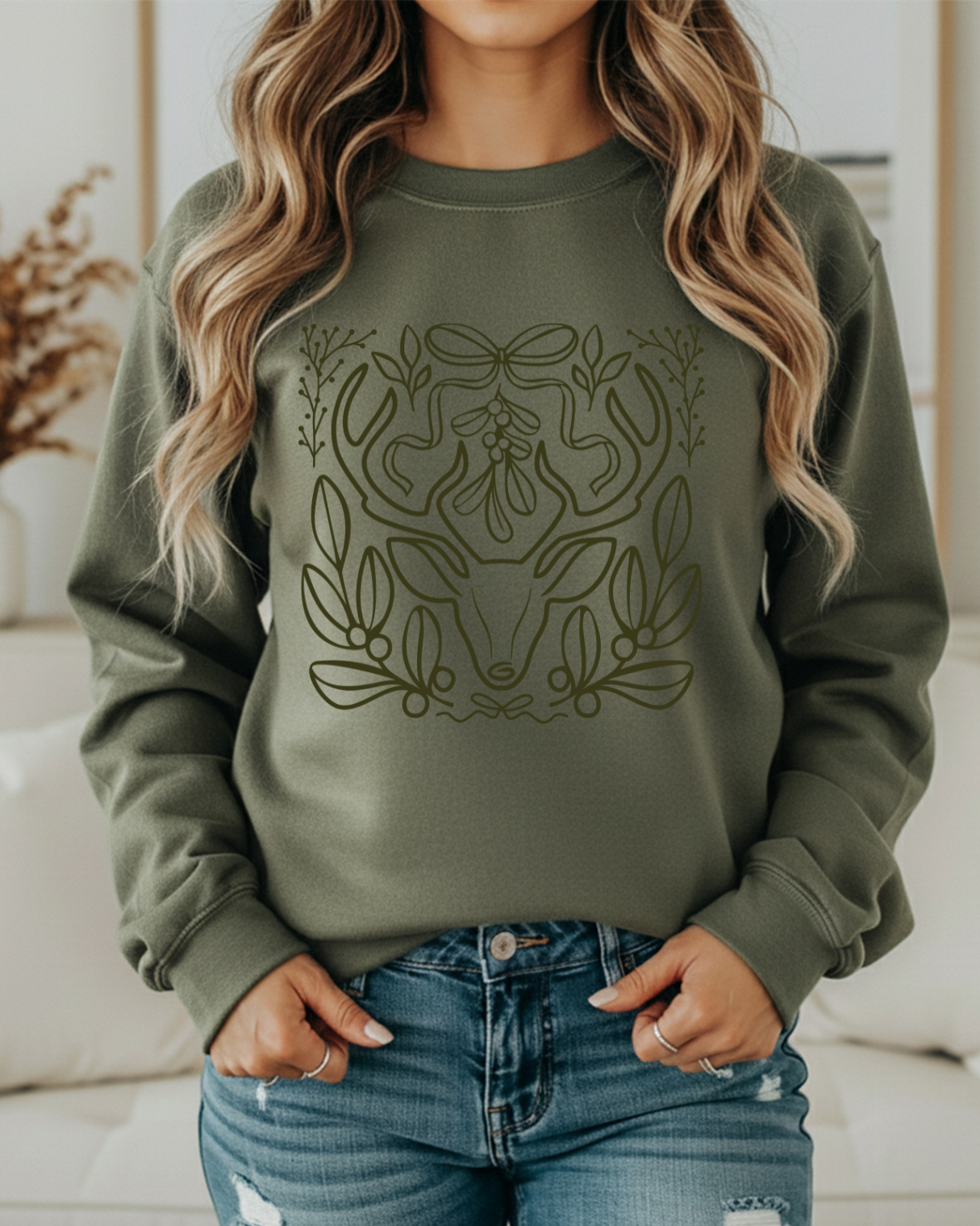 Minimalist Deer & Mistletoe Sweatshirt | Modern Rustic Holiday Crewneck | Cozy Nature-Inspired Pullover