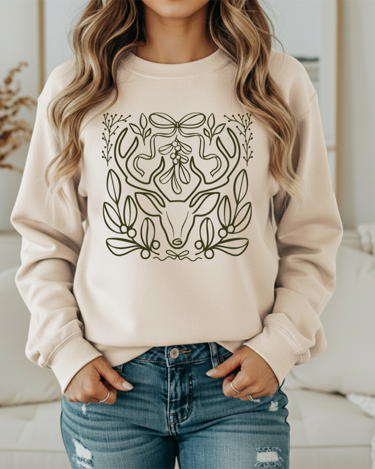 Minimalist Deer & Mistletoe Sweatshirt | Modern Rustic Holiday Crewneck | Cozy Nature-Inspired Pullover