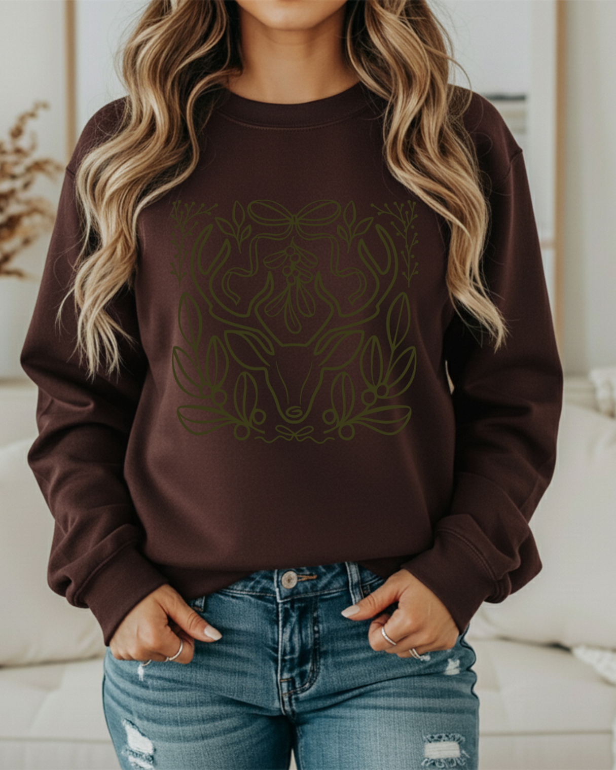 Minimalist Deer & Mistletoe Sweatshirt | Modern Rustic Holiday Crewneck | Cozy Nature-Inspired Pullover