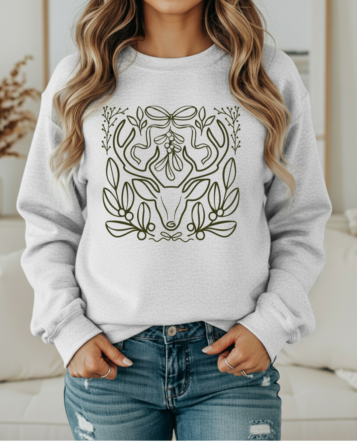 Minimalist Deer & Mistletoe Sweatshirt | Modern Rustic Holiday Crewneck | Cozy Nature-Inspired Pullover