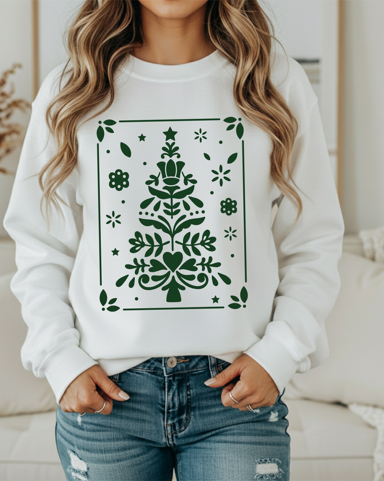Folk Art Christmas Tree Sweatshirt – Cozy Holiday Graphic Crewneck
