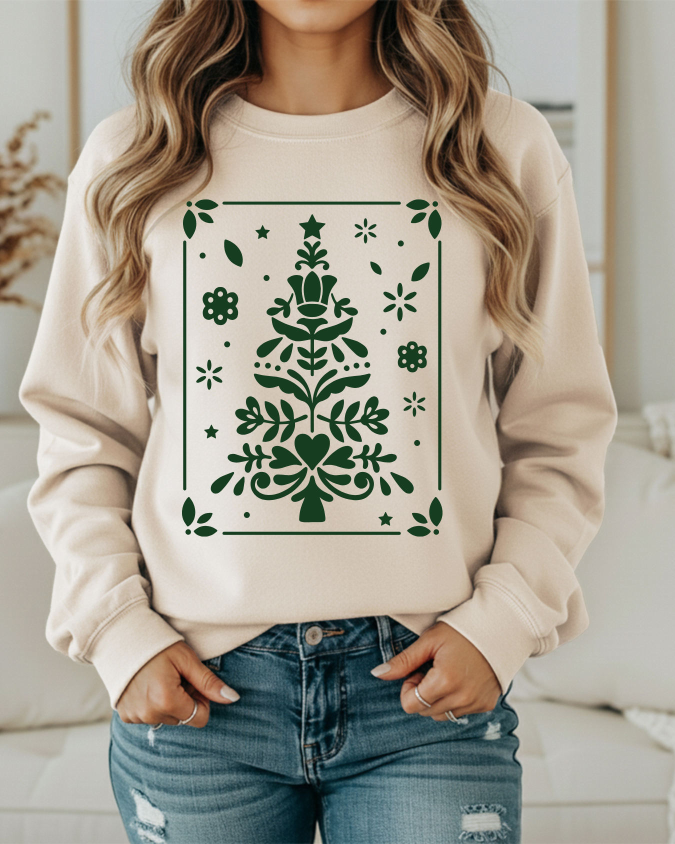 Folk Art Christmas Tree Sweatshirt – Cozy Holiday Graphic Crewneck