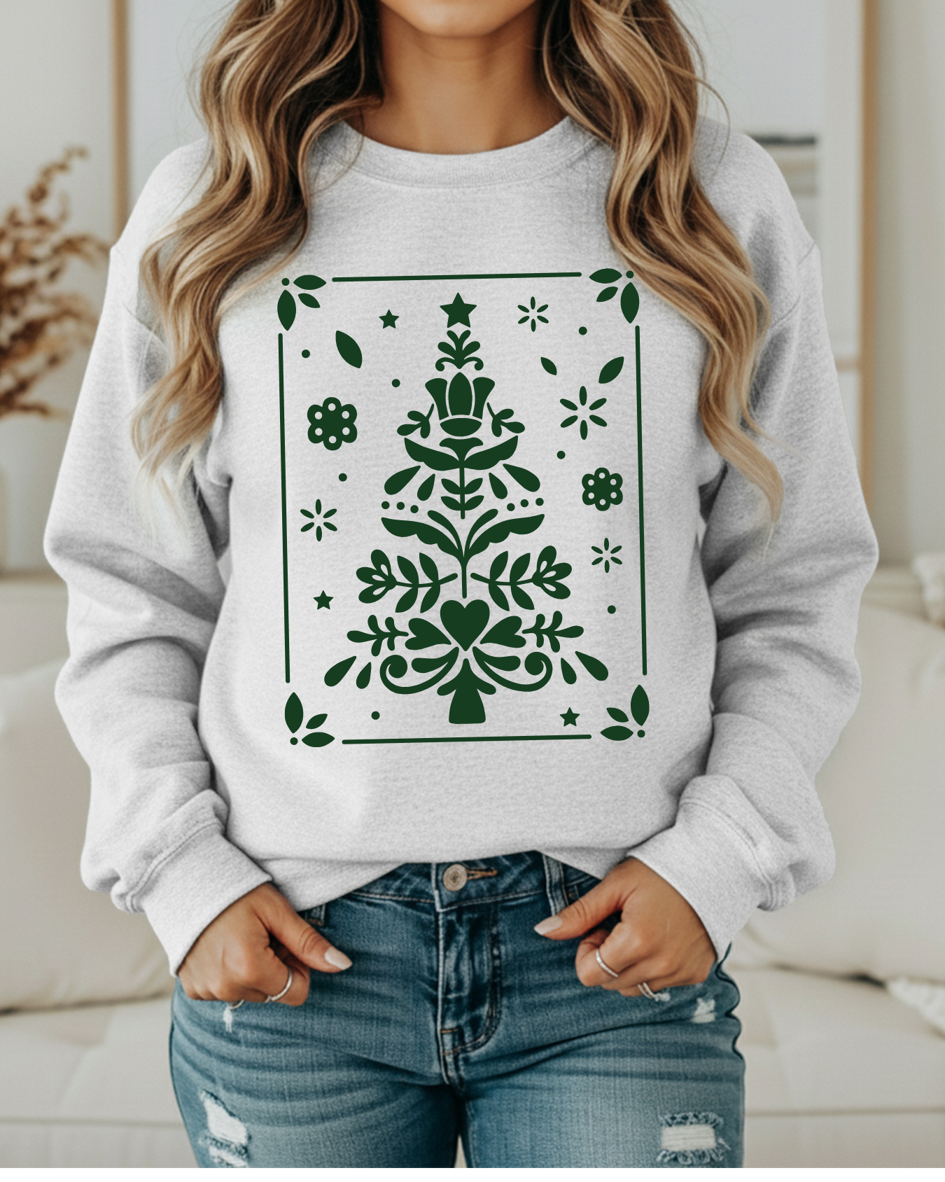 Folk Art Christmas Tree Sweatshirt – Cozy Holiday Graphic Crewneck
