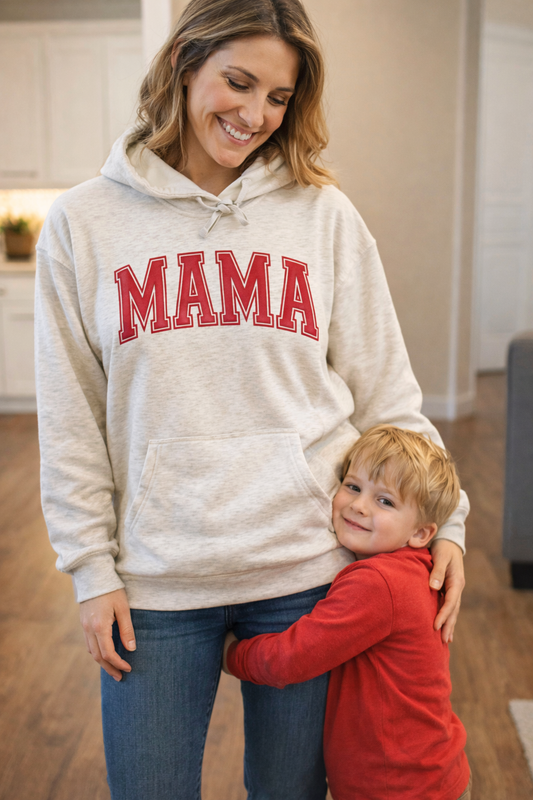 MAMA Puff Print Varsity Sweatshirt, Hoodie – Oatmeal Heather | Raised Ink Cozy Mom Crewneck/Hoodie by Trending38