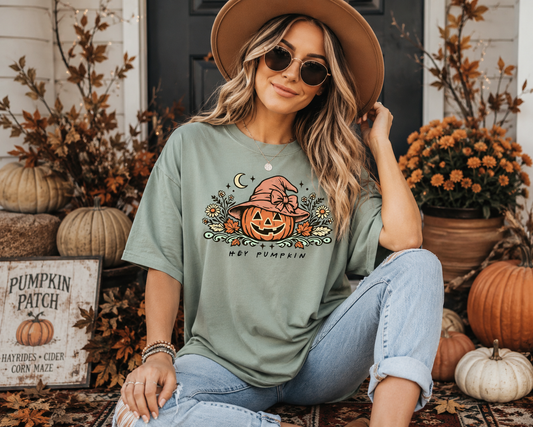 Hey Pumpkin Comfort Colors Graphic Tee | Vintage Pumpkin Witch Hat Halloween Shirt | Cute Fall Boutique T-Shirt