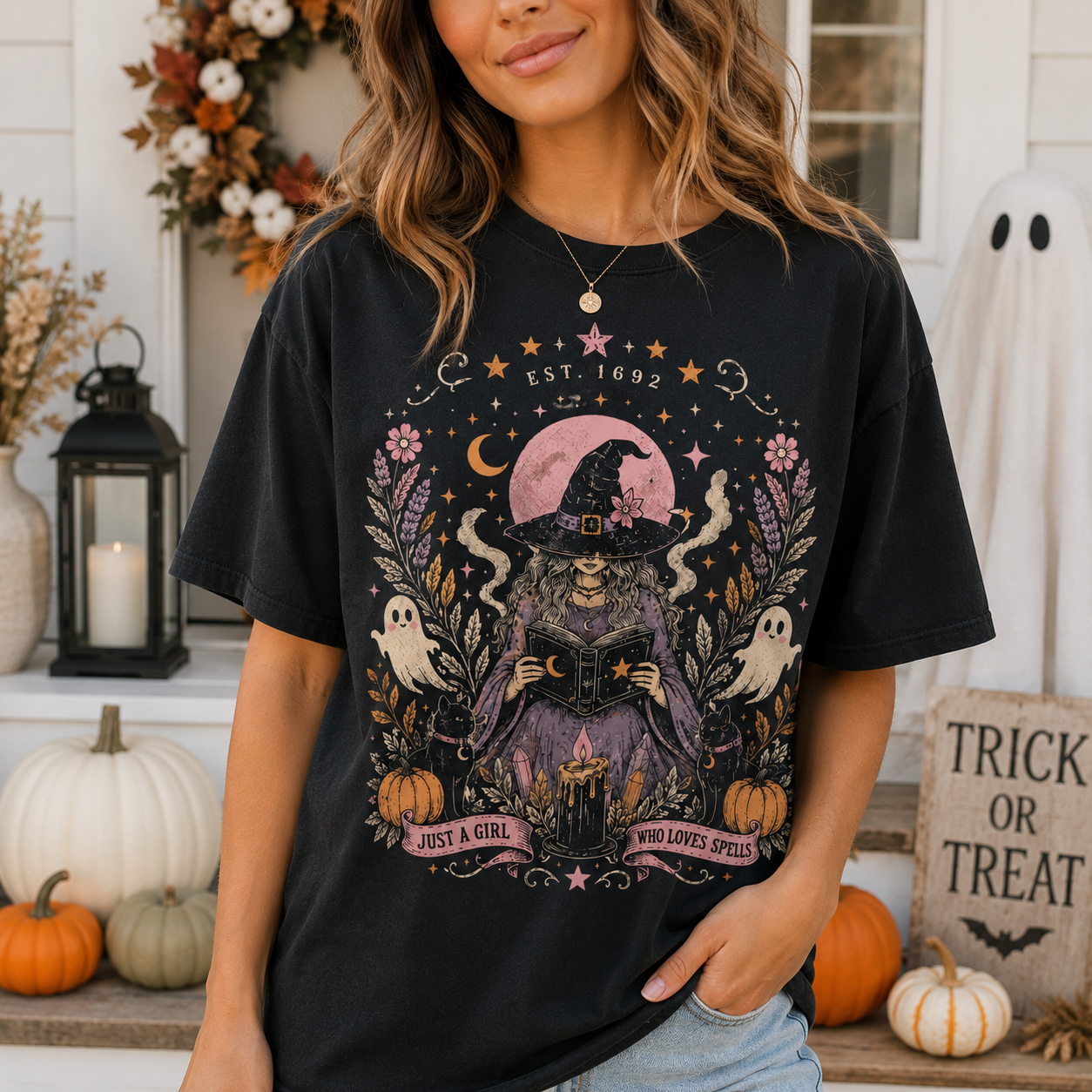 Just A Girl Who Loves Spells Halloween Graphic Tee | Vintage Witch Shirt | Cute Spooky Fall T-Shirt
