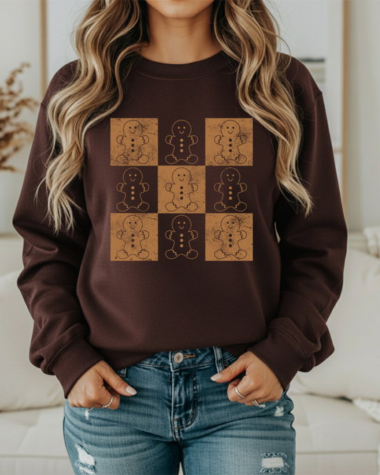 Gingerbread Checker Pattern Christmas Sweatshirt – Cute Holiday Gingerbread Man Pullover