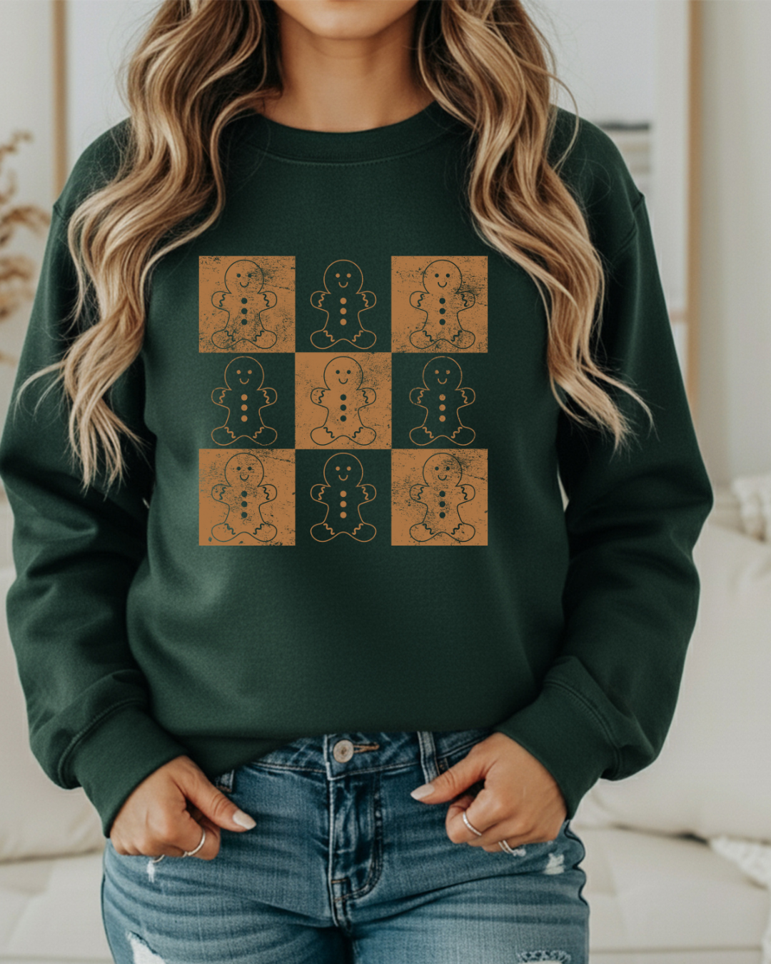 Gingerbread Checker Pattern Christmas Sweatshirt – Cute Holiday Gingerbread Man Pullover
