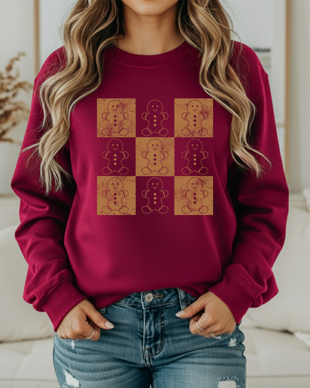 Gingerbread Checker Pattern Christmas Sweatshirt – Cute Holiday Gingerbread Man Pullover