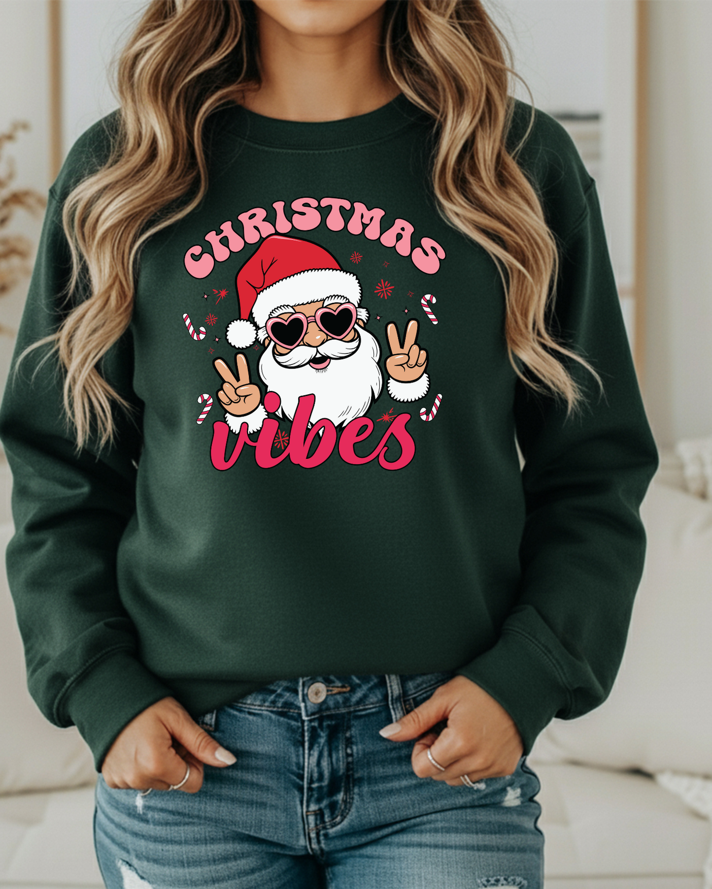 Christmas Vibes Sweatshirt – Retro Santa in Heart Glasses | Cute Holiday Crewneck for Women | Cozy Christmas Pullover