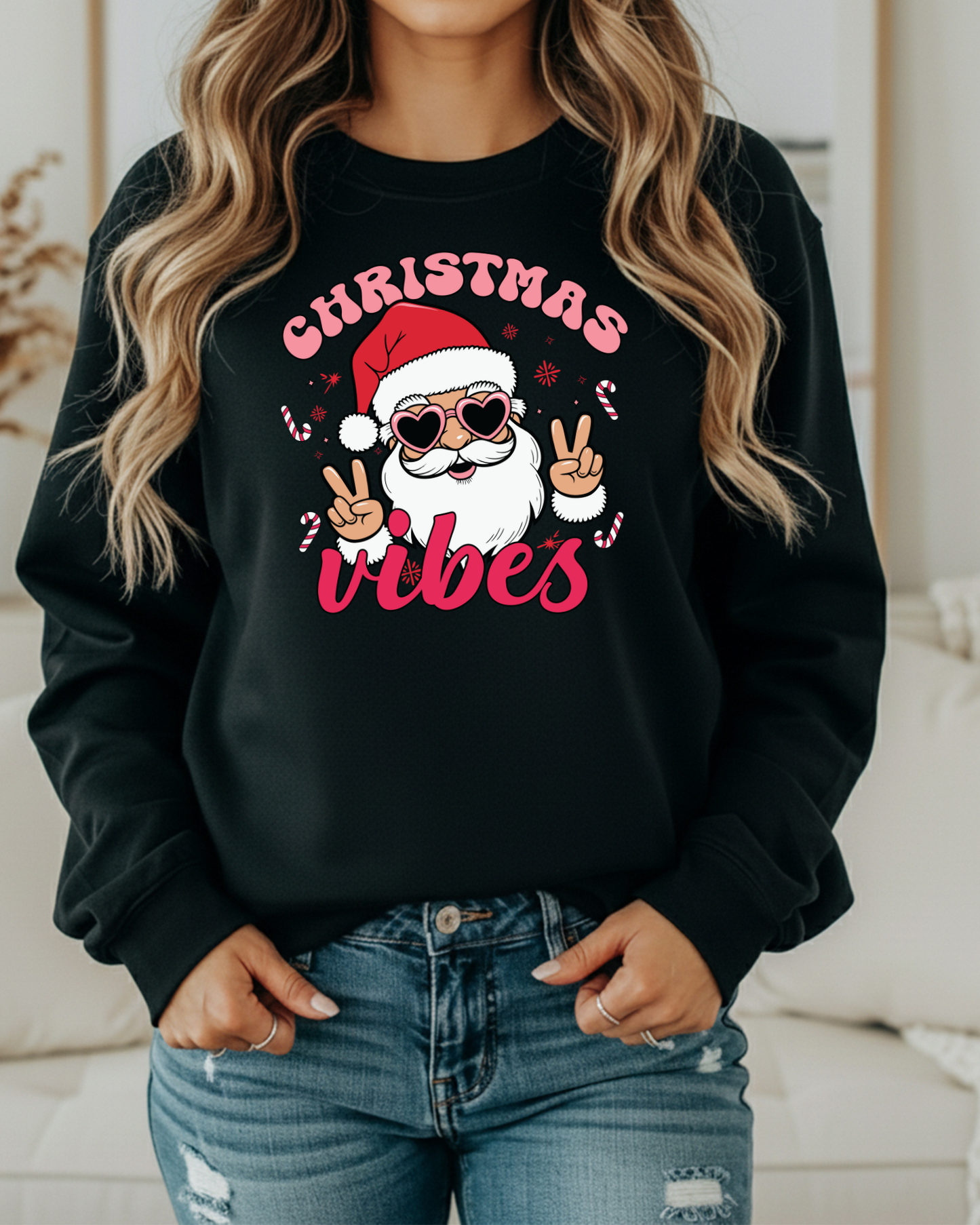 Christmas Vibes Sweatshirt – Retro Santa in Heart Glasses | Cute Holiday Crewneck for Women | Cozy Christmas Pullover