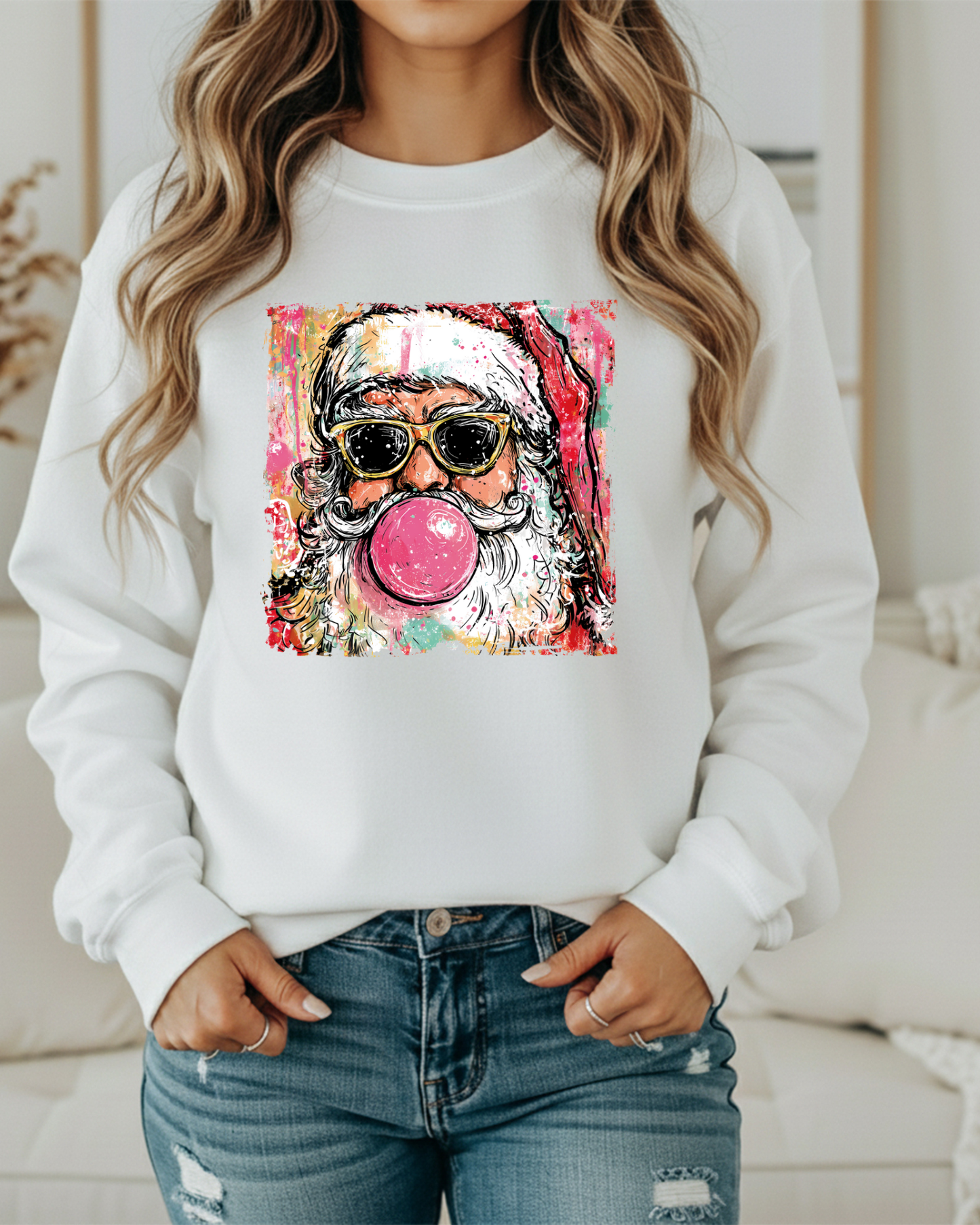 Preppy Santa Bubblegum Sweatshirt – Trendy Christmas Crewneck | Retro Holiday Pullover for Women | Cozy Santa Graphic in 6 Colors