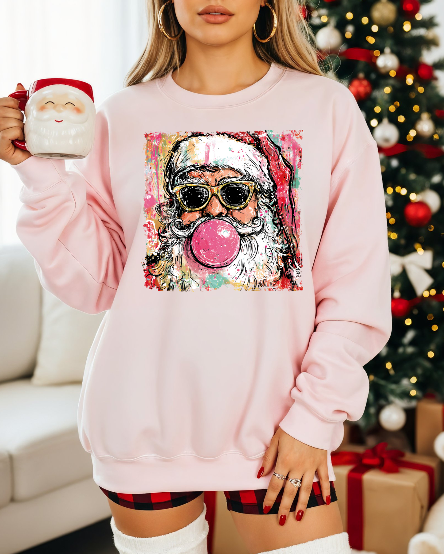 Preppy Santa Bubblegum Sweatshirt – Trendy Christmas Crewneck | Retro Holiday Pullover for Women | Cozy Santa Graphic in 6 Colors