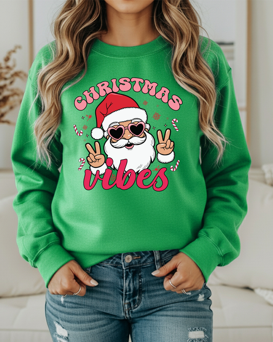 Christmas Vibes Sweatshirt – Retro Santa in Heart Glasses | Cute Holiday Crewneck for Women | Cozy Christmas Pullover