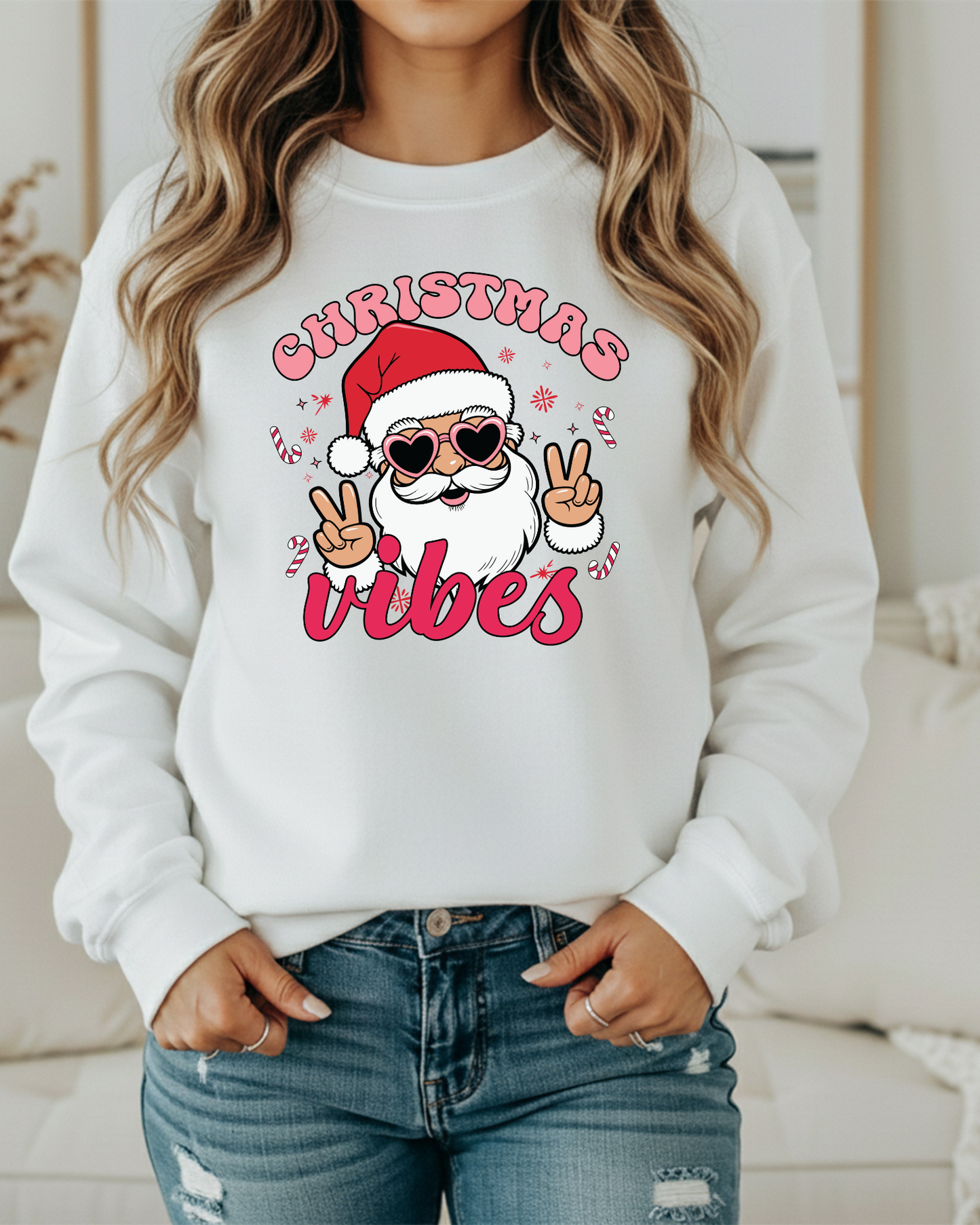 Christmas Vibes Sweatshirt – Retro Santa in Heart Glasses | Cute Holiday Crewneck for Women | Cozy Christmas Pullover