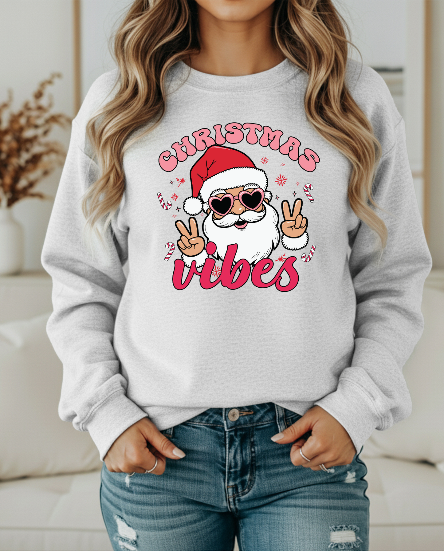 Christmas Vibes Sweatshirt – Retro Santa in Heart Glasses | Cute Holiday Crewneck for Women | Cozy Christmas Pullover