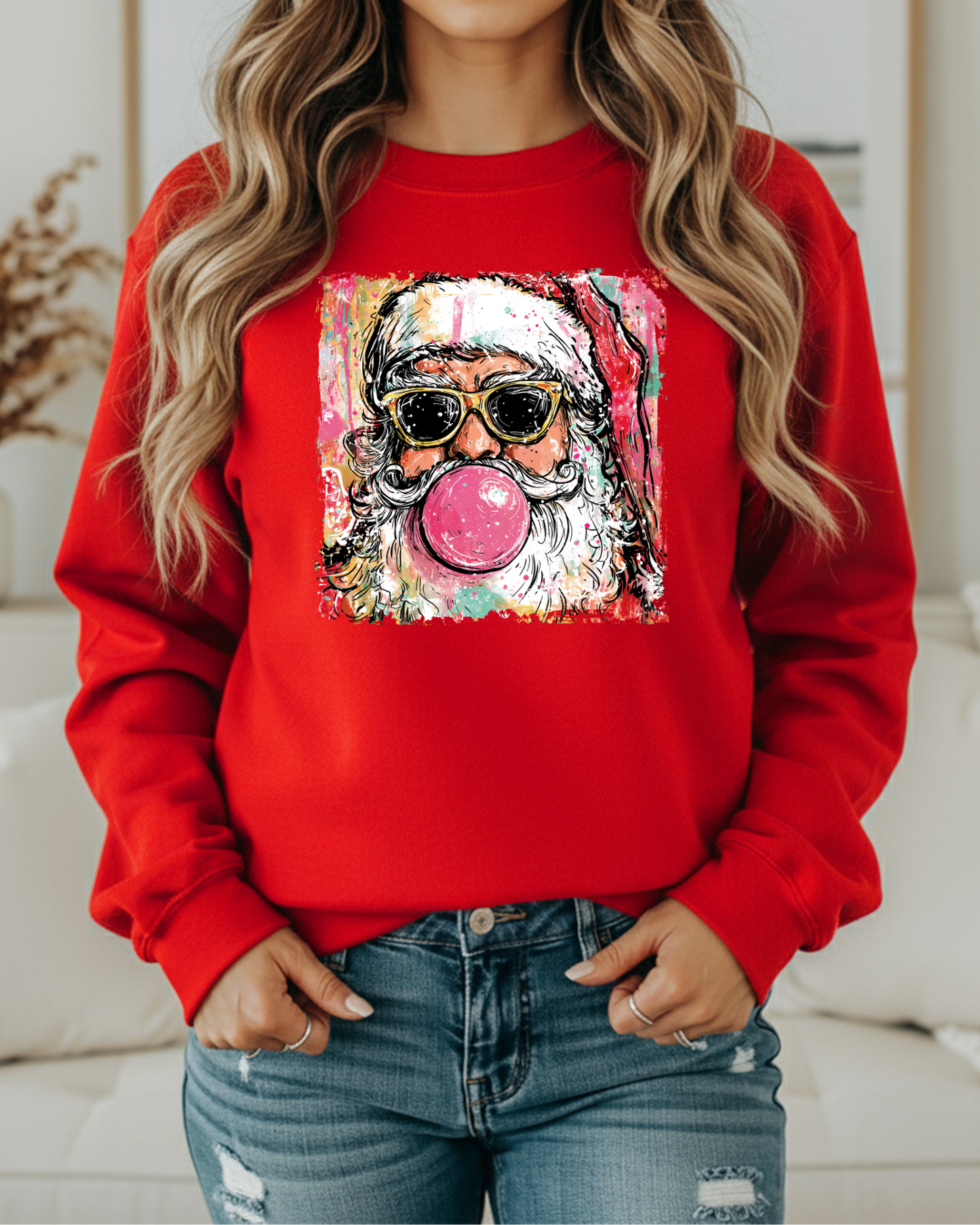Preppy Santa Bubblegum Sweatshirt – Trendy Christmas Crewneck | Retro Holiday Pullover for Women | Cozy Santa Graphic in 6 Colors