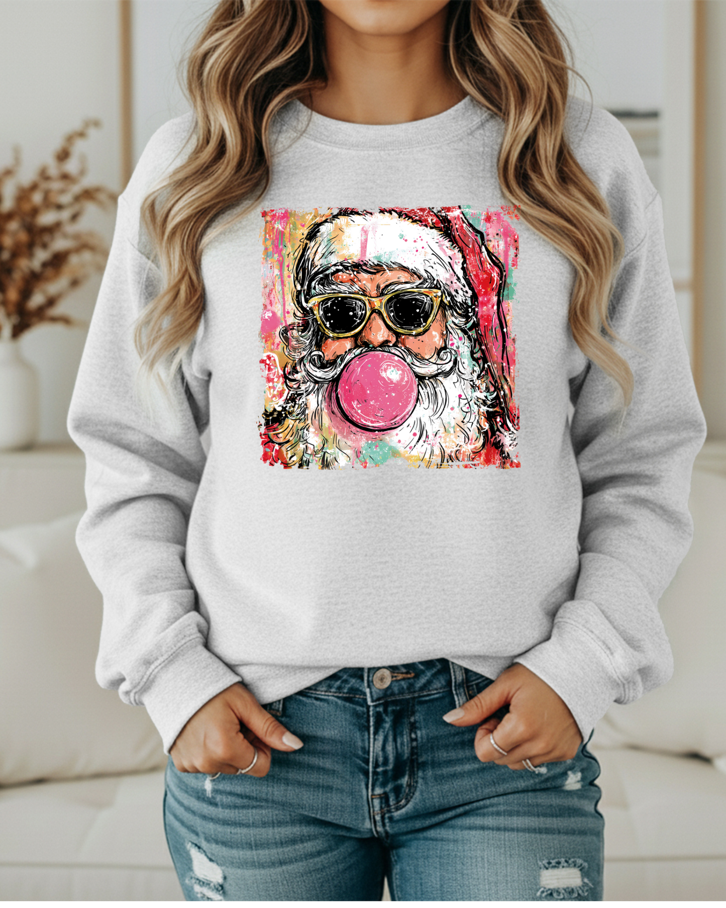 Preppy Santa Bubblegum Sweatshirt – Trendy Christmas Crewneck | Retro Holiday Pullover for Women | Cozy Santa Graphic in 6 Colors