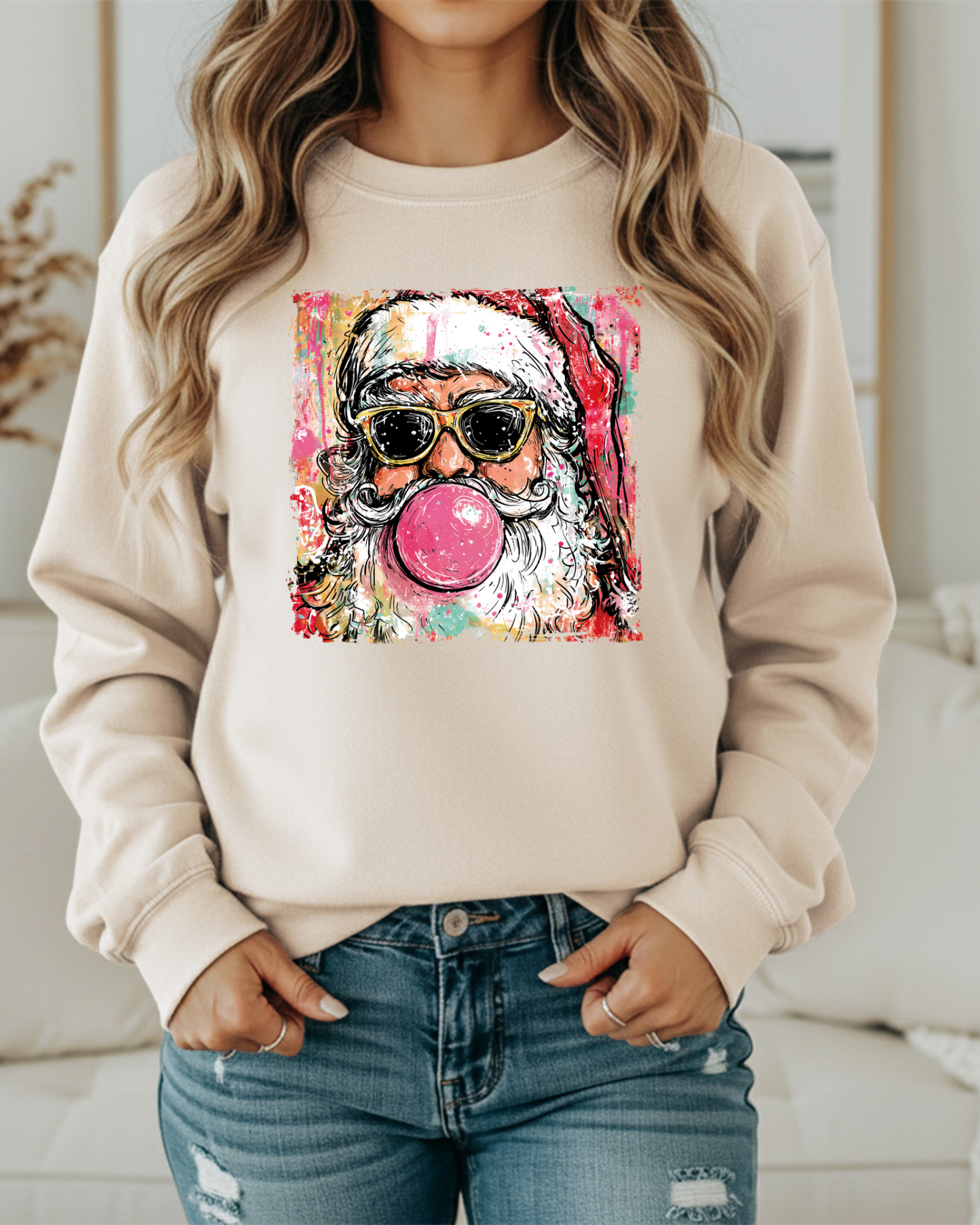 Preppy Santa Bubblegum Sweatshirt – Trendy Christmas Crewneck | Retro Holiday Pullover for Women | Cozy Santa Graphic in 6 Colors